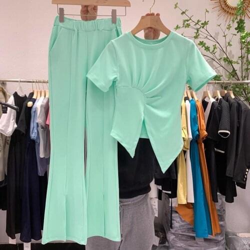 Womens Tracksuit Summer O-neck Short Sleeve Slim Split Tshirt Tops + High Waist Flare Pants Korean Pants Sports Suits Female