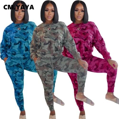 CM.YAYA Sportwear Camouflage Print Womens Set Two Piece Set Sweatshirts Tops Jogger Pants Suit Tracksuit Matching Set Outfits