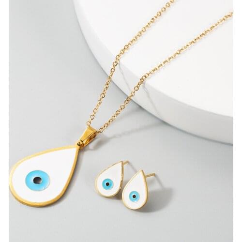 Waterdrop Shaped Enamel Eye Pendant Necklaces For Ladies Gold Chain Necklaces Evil Eye Stud Earrings For Women Jewelry Sets