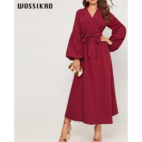 Dress V-neck Vintage Lantern Long Sleeve Dress Dresses Woman Party Night Retro Free Belt Elegant Dresses Fall 2019 Robes Kaftan