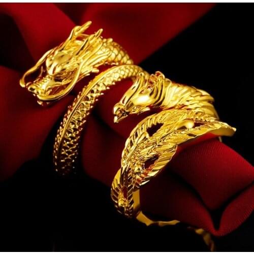 Gold Colour Dragon Phoenix Couples Wedding Rings Adjustable Jewelry Wholesale