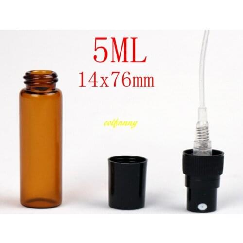1000pcs/lot Fast shipping 5ML Amber Glass Spray bottle brown Emtpy Refillable Perfume bottles With Plastic cap 14x76mm