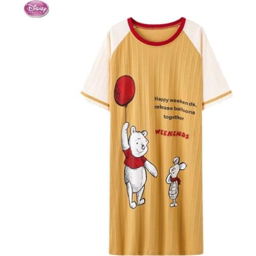 2021 Summer Cute Night Dress Women Loose Nightgown Winnie the Pooh Sleepshirts Short Sleeves Nightie Nightdress Cotton Sleepwear