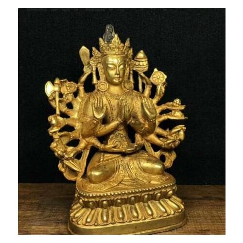 7.4" OLD TIBET TIBETAN BRONZE GILT 1000 ARMS AVALOKITESHVARA OF GODDESS STATUE