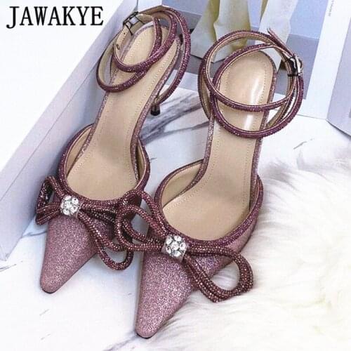 Sexy Sequins Crystal High Heels Women Sandals Pointy Toe Ankle Cross Tied Wedding Bride Shoes Rhinestone Shallow Runway Sandals