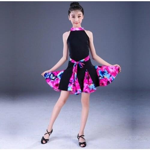 Girls Print Latin Dance Dress Children Teenager Salsa Rumba Skirt Suit Kids Sleeveless Leotard With Lace