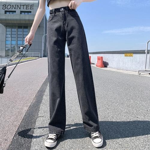 High Waist Jeans Women Retro Denim All-match Solid Korean Loose Teens Streetwear Pockets Spring Chic Full Length Ladies Trousers