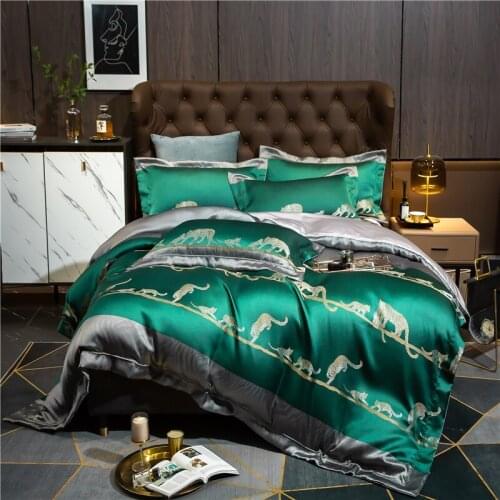 Luxury Green Leopards Yarn-dyed Jacquard Satin Craft Bedding Set Duvet Cover Set Bed Linen Pillowcases Home Textile King Queen