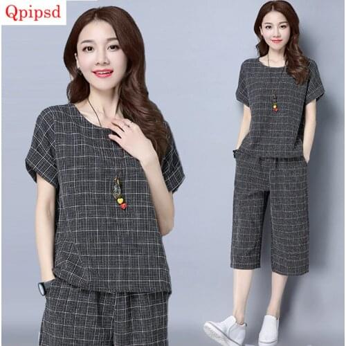 Summer Cotton Linen Lattice Two Piece Set Womens Large Size Tracksuits Set Female Lattice Tops+Wide Leg Pants Suit Sporting Set