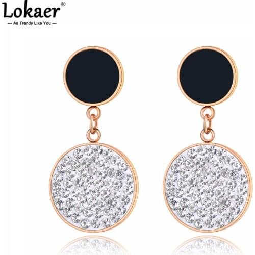 Lokaer Trendy Titanium Stainless Steel Black Acrylic CZ Crystal Disc Earrings For Women Trendy Rhinestone Party Jewelry E21068