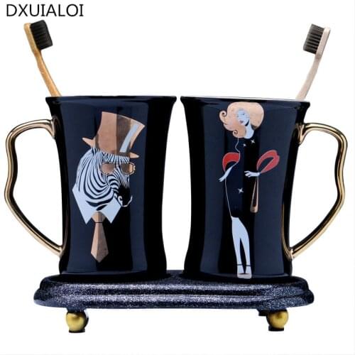 Modern minimalist bathroom couple wash brushing mouth cup pair of creative decals painted gold black ceramic mouthwash cup set