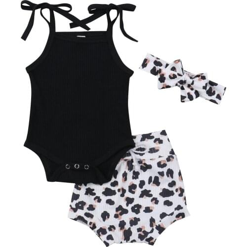 Newest Fashion Newborn Baby Girl Clothes Solid Sleeveless Romper Tops Leopard Shorts Headband 3Pcs Outfits Clothes