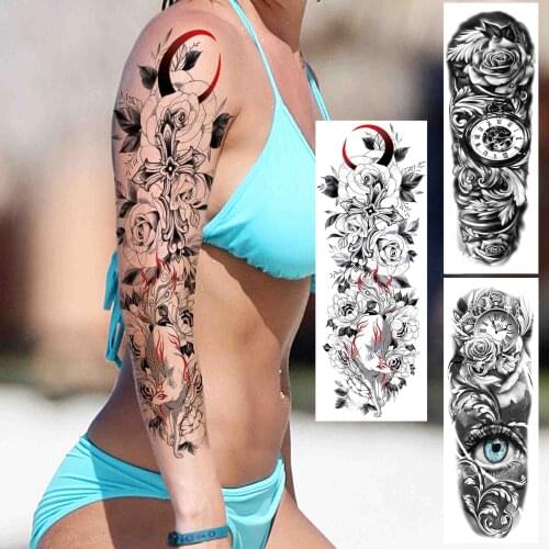 Sexy Rose Moon Flower Temporary Tattoos Sleeve For Women Men Adult Cross Full Arm Tattoo Sticker Fake Compass Waterproof Tatoo