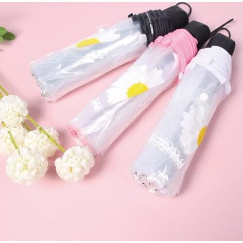Korean small daisy transparent umbrella three folding simple trend women Japanese small fresh student windproof strong umbrella