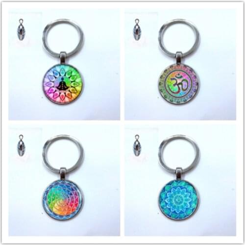 Rainbow 7 Chakra Mysterious Mandala key chain Art Flower of Life Glass Double-sided Cabochon Pendant key ring Women Yoga Jewelry