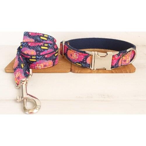 Adjustable Dog Collar Metal Id Engrave Buckle Necklace Pet Blue GRAFFITI Neck Band Strap Leash