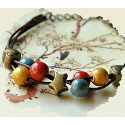 Ethnic Leaf Cat Charm Ceramics Beaded Bracelet Women Handwoven Jewelry Gift