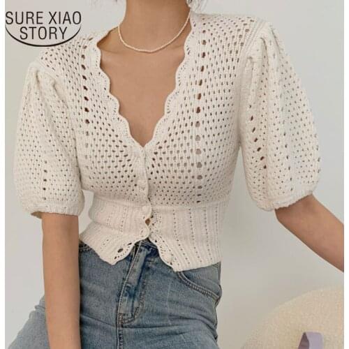 Summer Blouse Women Korean Hollow Out White Women Shirt 2021 New Short Sleeve Button Loose Shirt Solid Female Knitted Top 15034