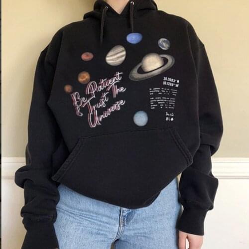 Planet Print Gothic Black Hoodie Women y2k Harajuku Oversized Sweatshirt Winter Leisure Long Sleeve Pullover Punk streetwear