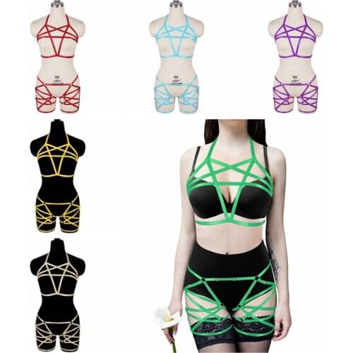 Pentagram Harness For Women Elastic Adjust Waistband Suspender Belt Bondage Bralette Strappy Tops Pastel Goth Sexy Lingerie Set