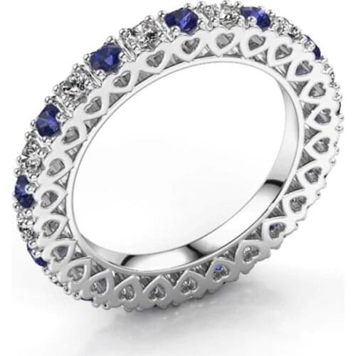 US Size 6-10 Luxury Jewelry 925 Sterling Silver Full Blue Sapphire CZ Diamond Popular Party Heart Hollow Women Wedding Ring Gift
