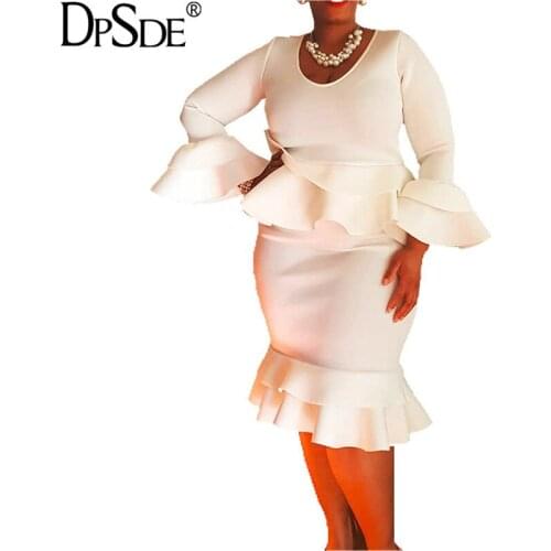 DPSDE White Elegant Vocation Bandage Dress Falbala Full Sleeve Women Party Dress O Neck Autumn New 2020 Bodycon Short Dress