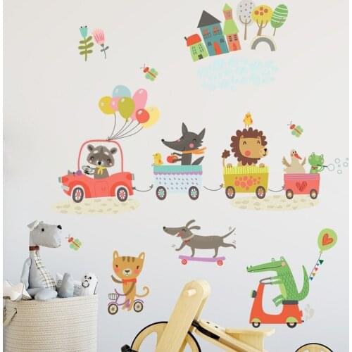 Animal Train Wall Stickers Cartoon Mural for Kids Room Bedroom Decor Kindergarten Backdrop Wall Decoration Aesthetic
