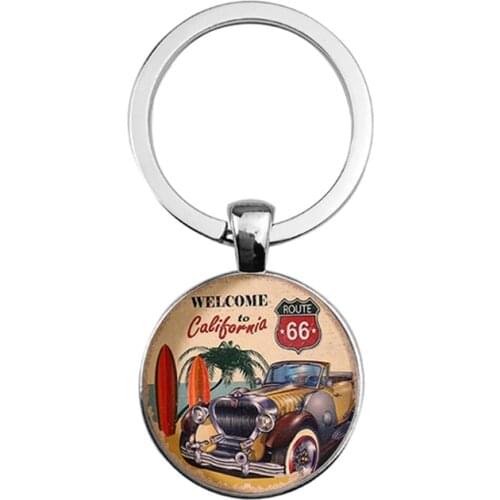 Suteyi New Route US 66 Keychain Glass Dome Jewelry Historic Route 66 USA Keyring Women Mens Keyrings Round Key chains
