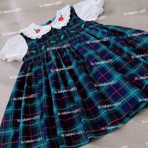 Baby girl vinatge summer Spanish smocking princess dress kids puff sleeve plaid embroidered birthday party dress