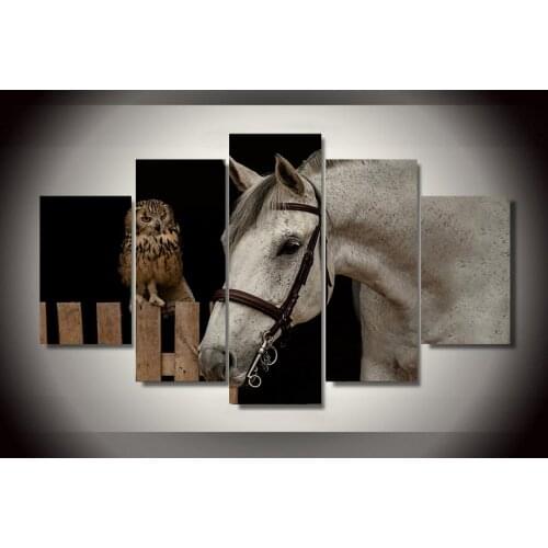Home Decoration Canvas Painting 5 Panel White Horse And Owls Oil Modular Pictures Top-rated Wall Pictures For Living Room