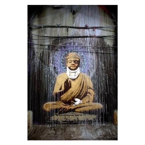 Buddha art oil painting work--100% HAND PAINTED PAINTING 36 inches -Banksy 'Injured Buddha Beaten Up