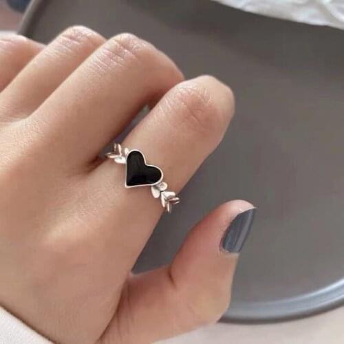 Sweet Cute Black Heart Love Elegant Stacking 925 Sterling Silver Adjustable Rings For Women Fashion Trendy Jewelry Wholesale