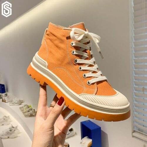 Fashion Orange Chunky Women Canvas Shoes Comfort High Top Vulcanized Sneakers Women Plimsolls High Quality Canvas Women Sneakers