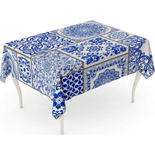Patchwork Victorian Motives Majolica Pottery Blue and White Azulejo Original Traditional Portuguese Spain Floral Table Cloth
