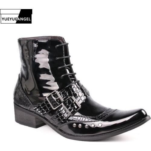 Men Pointed Rivets Punk Patent Leather Cowboy Ankle Boots Lace Up Buckle Belt Thick Heel Biker Boots Rome Casual Boots Male