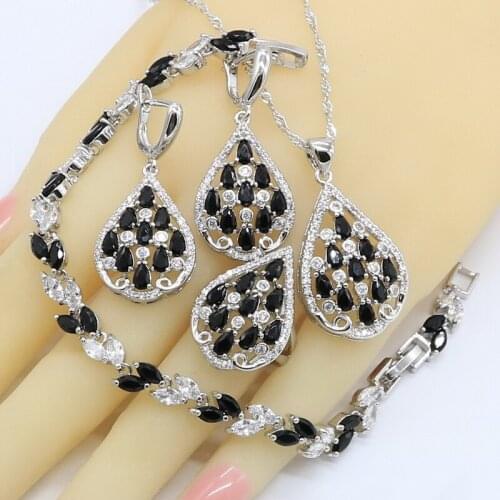 Black White Zircon Silver Color Wedding Jewelry Sets for Women with Bracelet Earrings Necklace Pendant Ring Gift Box