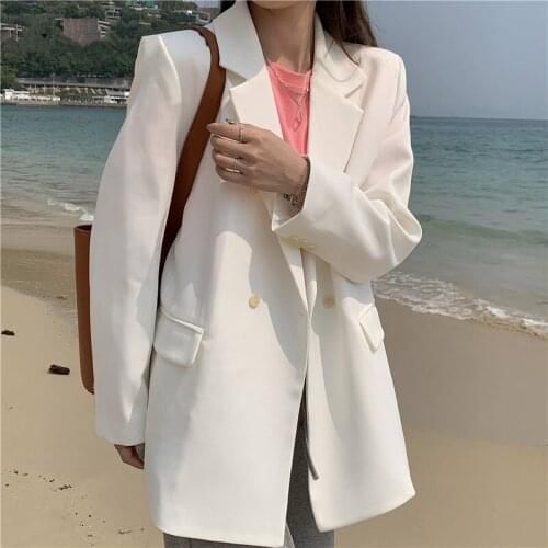 New 2021 White Double Breasted Loose Womens Blazers Female Oversize Formal Jackets Elegant Outerwear Spring Autumn