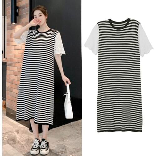 New Summer Fashion Round Collar Pregnant Women Knitting Leisure Dress Plus Size Stripe Patchwork Lace Sleeve Maternity Dresses