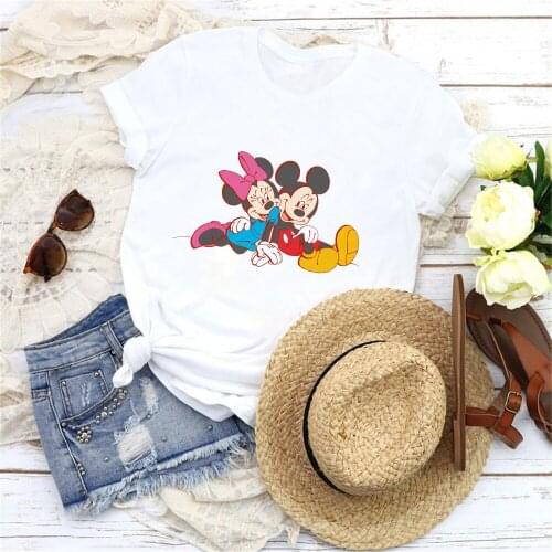 New Fashion Women T Shirts Summer White O-Neck Mickey Mouse Minnie Mouse Printed Femme T-shirts Harajuku Cartoon Tee Tops