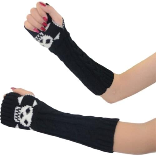 Women Winter Wrist Arm Warmer Skull Knitted Long Fingerless Gloves Mitten Halloween Gloves Womens Knitted Sleeve