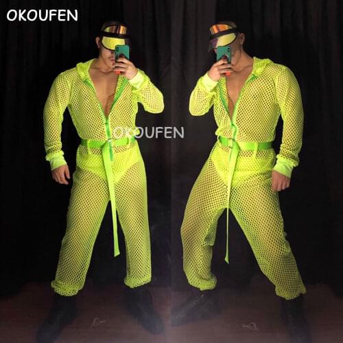 Bar and nightclub men and women ds party stage costumes fluorescent hollow one-piece work clothes