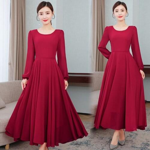 TingYiLi O-neck Belted Chiffon Long Dress Women Spring Autumn Long Sleeve Red Black Dress Holiday Beach Big Swing Boho Dress