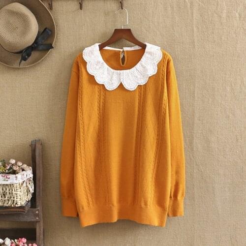 Plus Size Sweater For Women Doll Collar Lapel Knitted Fabric Hook Flower Hollow Design Long Sleeve Large Size Sweater In Winter