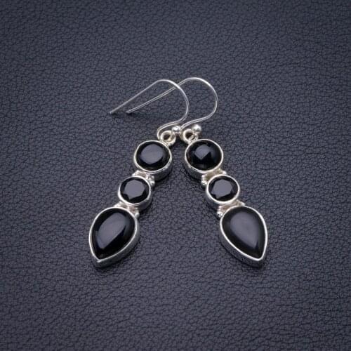 StarGems Natural Black Onyx Handmade 925 Sterling Silver Earrings 1.75" D3803