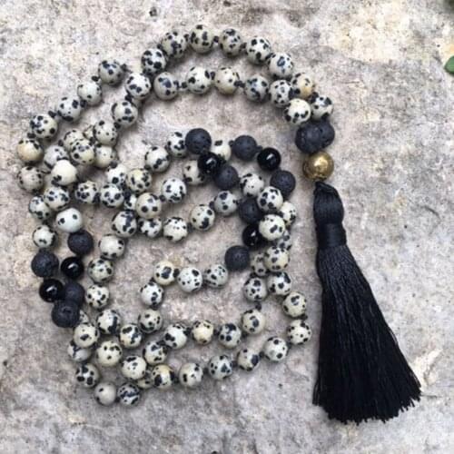 Traditional Knotted Necklaces For Men 8mm Dalmatian J-asper Mala Necklace 108 Prayer Beads Necklace With Black Tassel