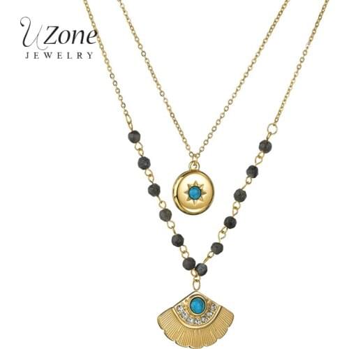 Uzone New Gold Stainless Steel Fan-shaped Pendant Necklace Double-layer Natural Stone Round Compass Choker Chain Necklaces Gift