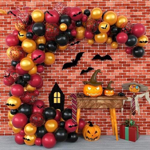 Halloween Party Balloon Arch Burgundy Balloons Garland Kit Pearly Globos Bat Stickers Halloween Decoration Horror Festival Decor