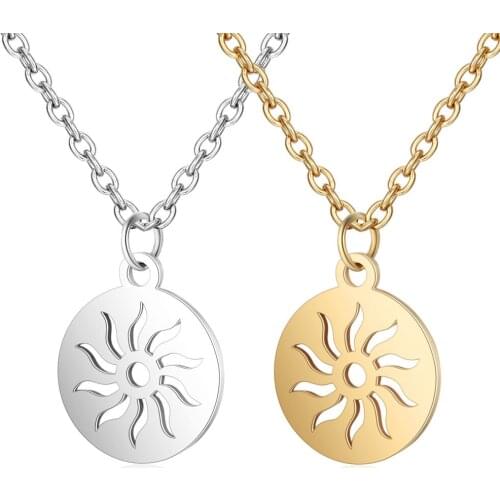 Womens Fashion Jewelry Stainless Steel High Polished Hollow Sun Pendant Necklace with 40+5cm Chain