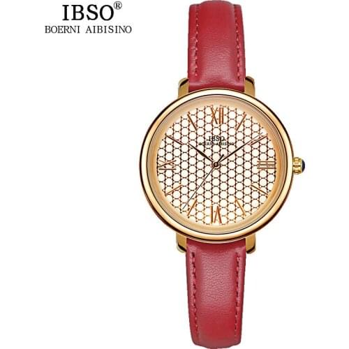 IBSO Brand Fashion Women Watches 2018 Red Genuine Leather Strap Quartz Watch Women Honeycomb Design Ladies Clock Montre Femme