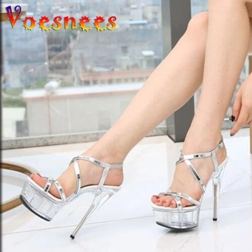 New Hot Women Shoes Platform Sandals Super High Heels 15CM Waterproof Female Transparent Crystal Wedding Shoes Model Dress Shoes